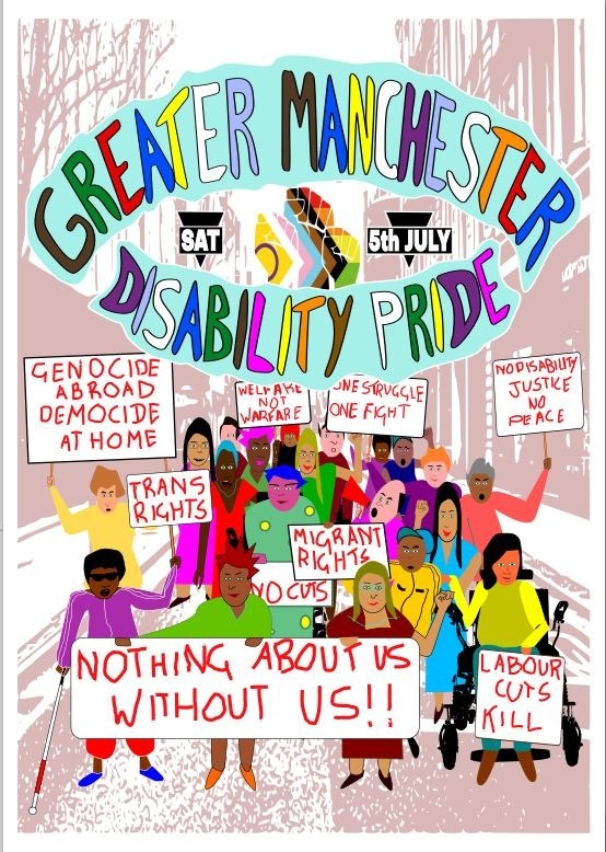 artwork showing disabled people marching with placards under banner of Disability Pride